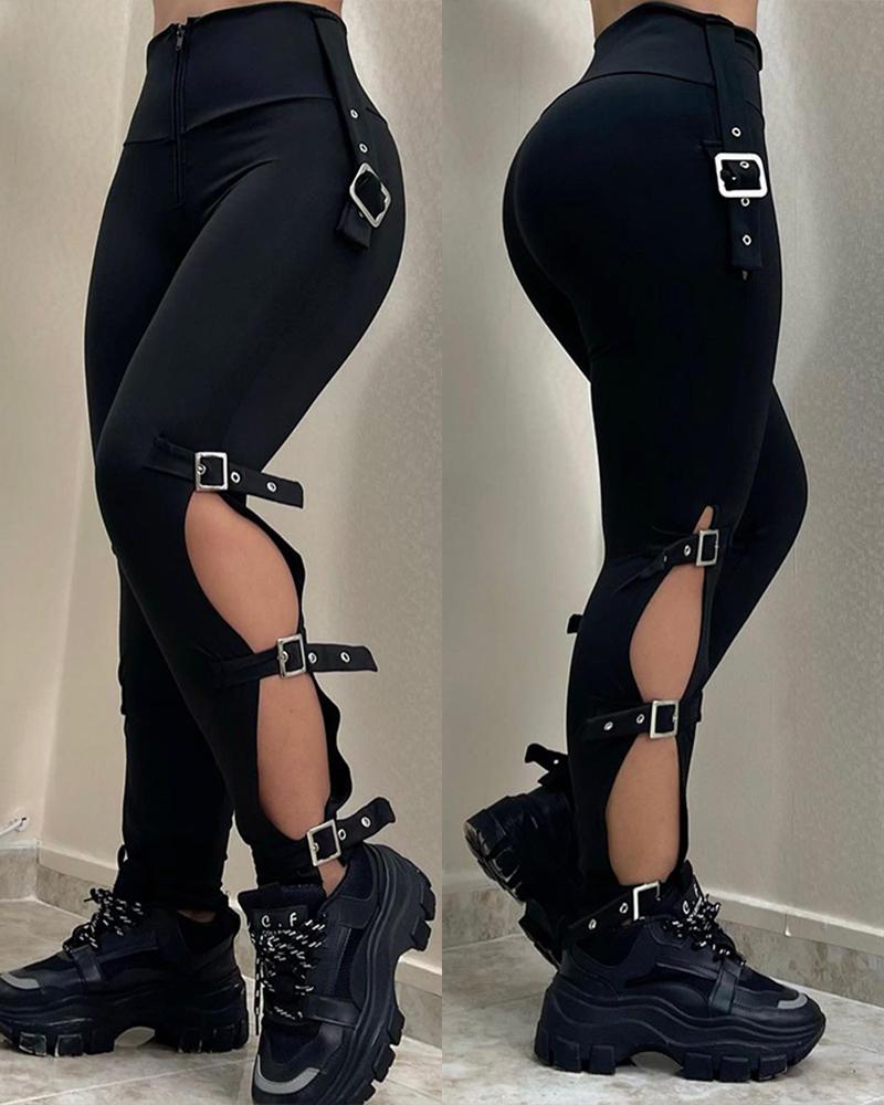 

Buckle Decor Cutout High Waist Skinny Pants, Black