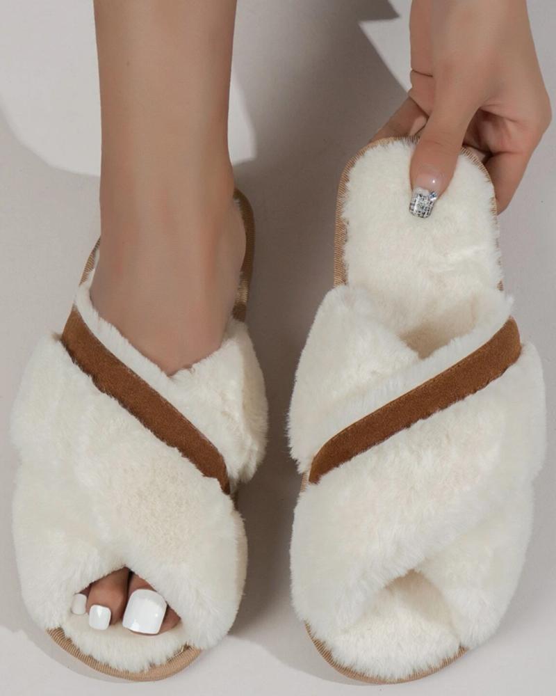 

Fuzzy Crisscross Contrast Paneled Slippers, Beige