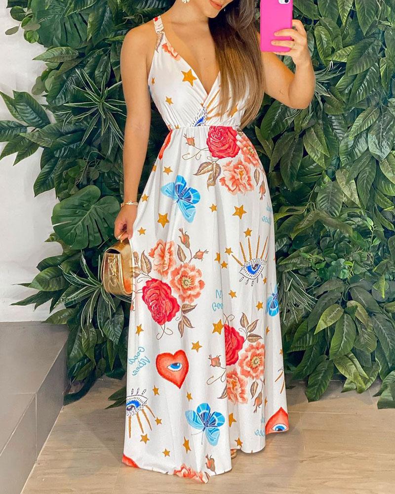 

All Over Print Sleeveless Maxi Dress, Beige