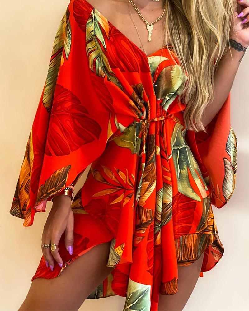 

Tropical Print Asymmetrical Tie Front Mini Dress, Red