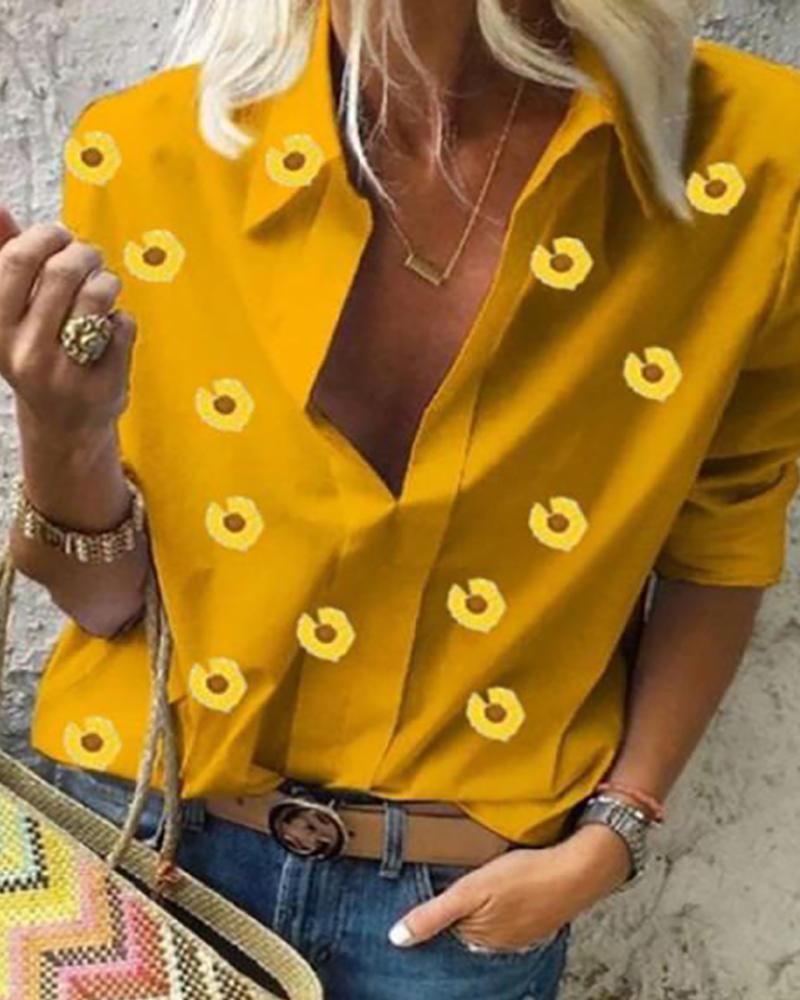 

Daisy Print Button Design Casual Shirt, Yellow