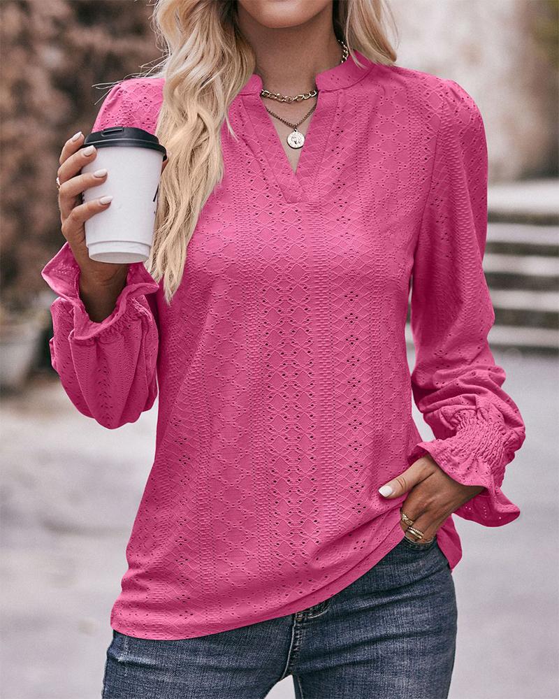 

Eyelet Embroidery Notch Neck Top, Hot pink