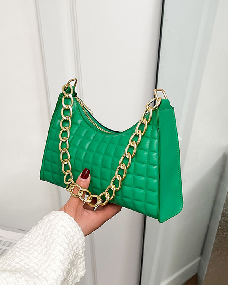 

Quilted Chain Strap Baguette Bag, Green