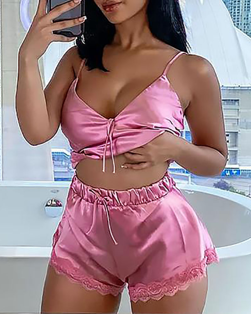 

Bowknot Front Lace Trim Satin Cami Set, Pink