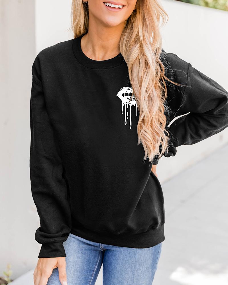 

Halloween Lip Print O Neck Long Sleeve Sweatshirt, Black