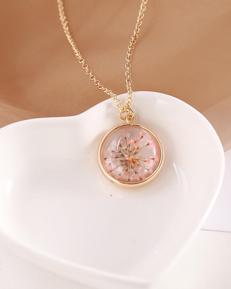 

Round Shape Clear Dry Flower Pendant Necklace, Pink