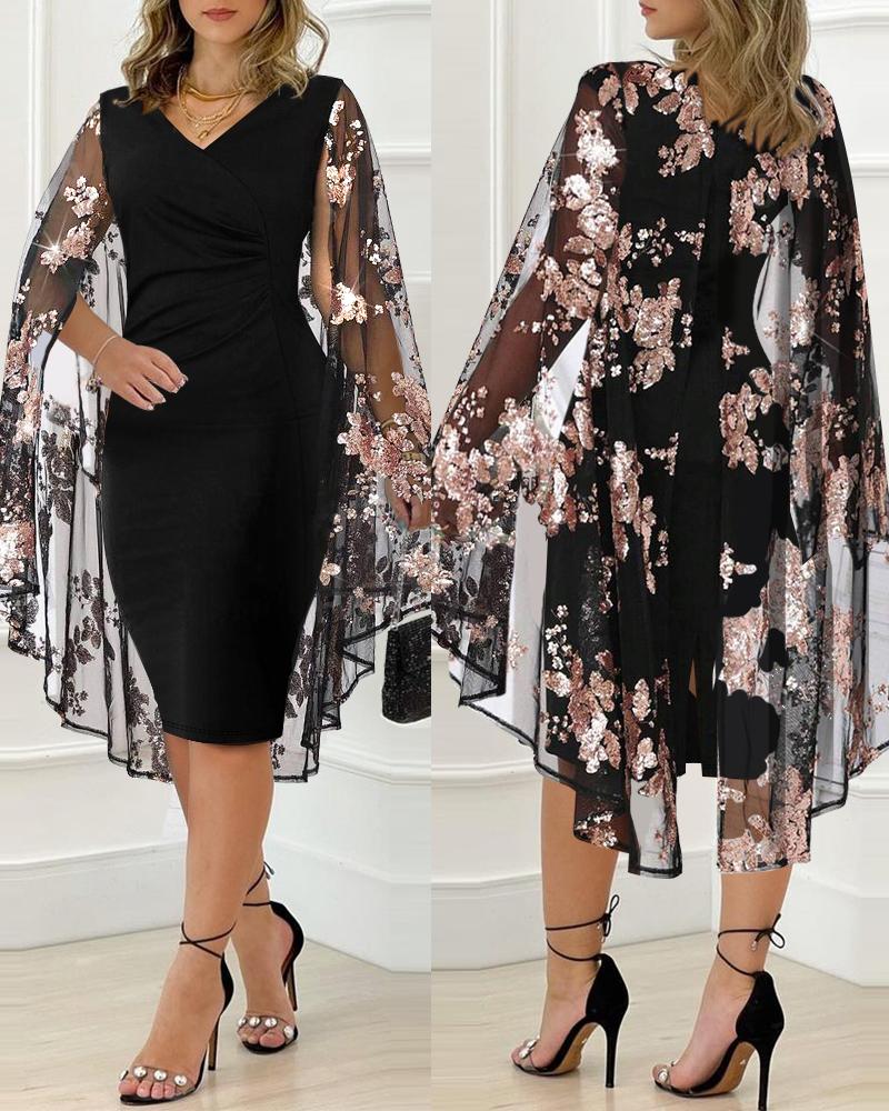 

Floral Pattern Contrast Sequin Cape V-neck Bodycon Sheer Mesh Slit Midi Dress, Black