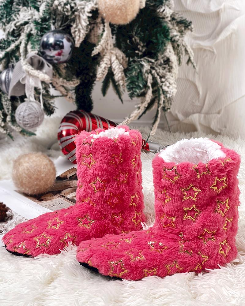 

Calcetines pantuflas con estampado de estrellas navideñas para mujer, calcetines peludos con agarre, calcetines térmicos gruesos y acogedores para el hogar, Hot pink