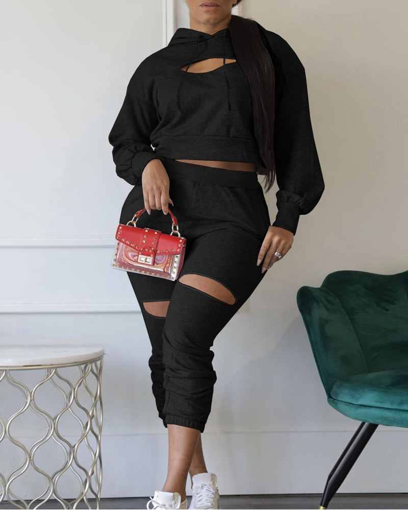 

Cutout Long Sleeve Hoodie & Sweatpants Set, Black