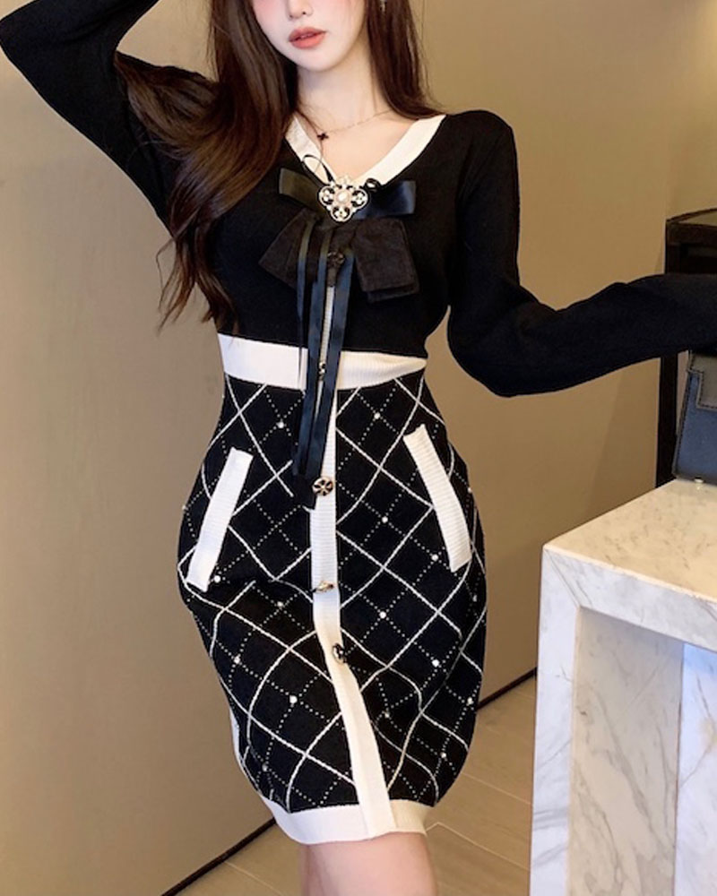 

Bowknot Decor Argyle Pattern Knit Work Dress, Black
