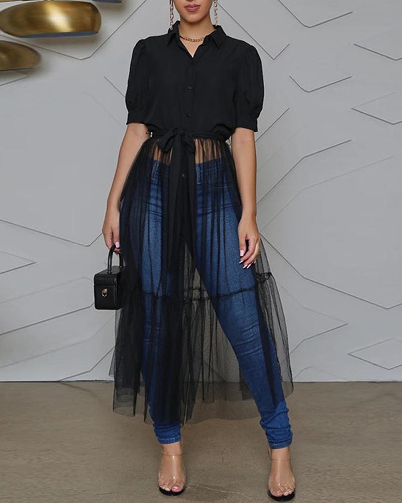 

Tied Detail Puff Sleeve Sheer Mesh Patch Shirt, Black