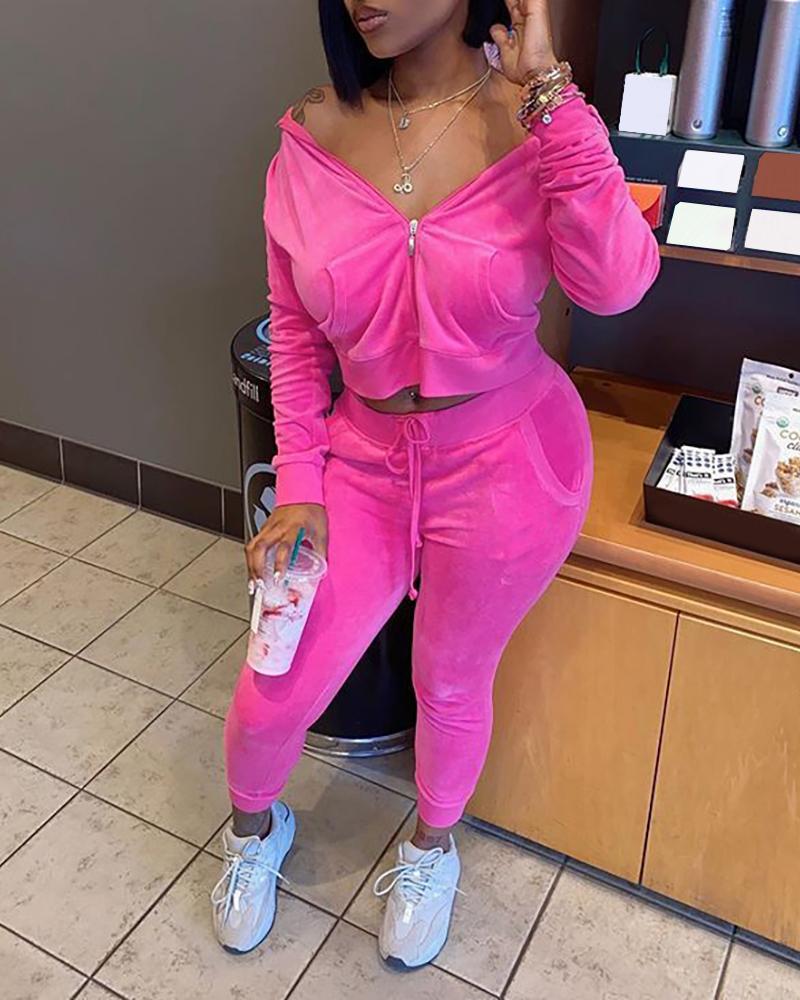 

Plain Zipper Design Hooded Top & Drawstring Pants Set, Hot pink
