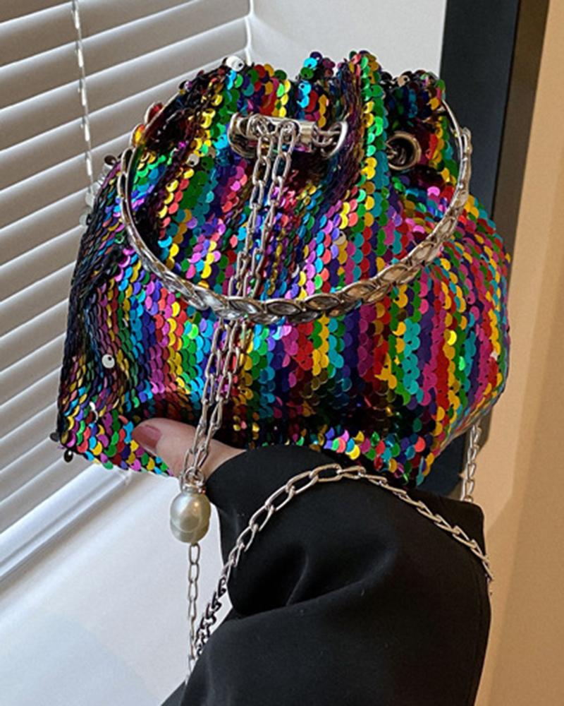 

Colorblock Sequin Drawstring Bucket Bag, Multicolor