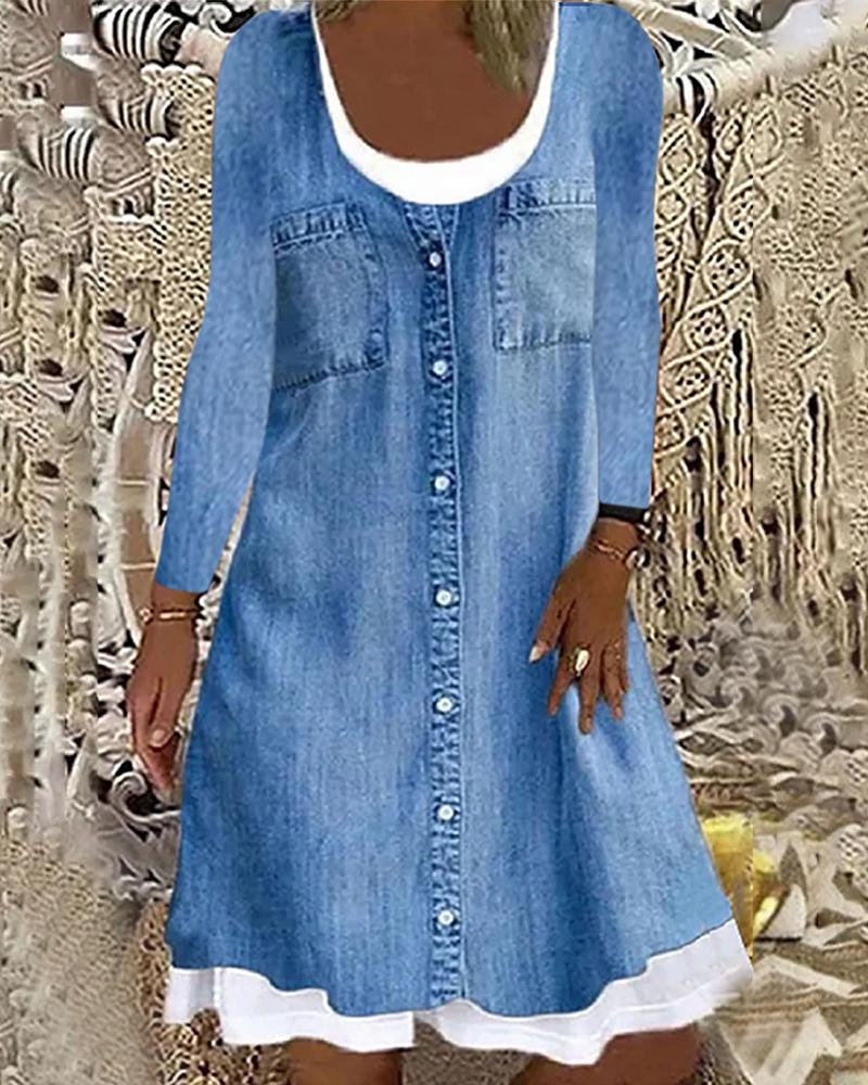 

Pocket Design Buttoned Fake Two-Piece Denim Dress, Blue
