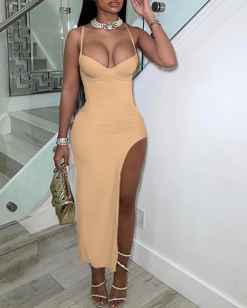 

Spaghetti Strap High Slit Dress, Khaki