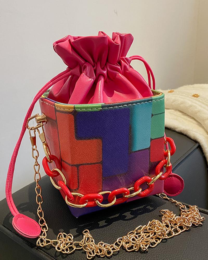 

Colorblock Chain Strap Drawstring Bucket Bag, Pink