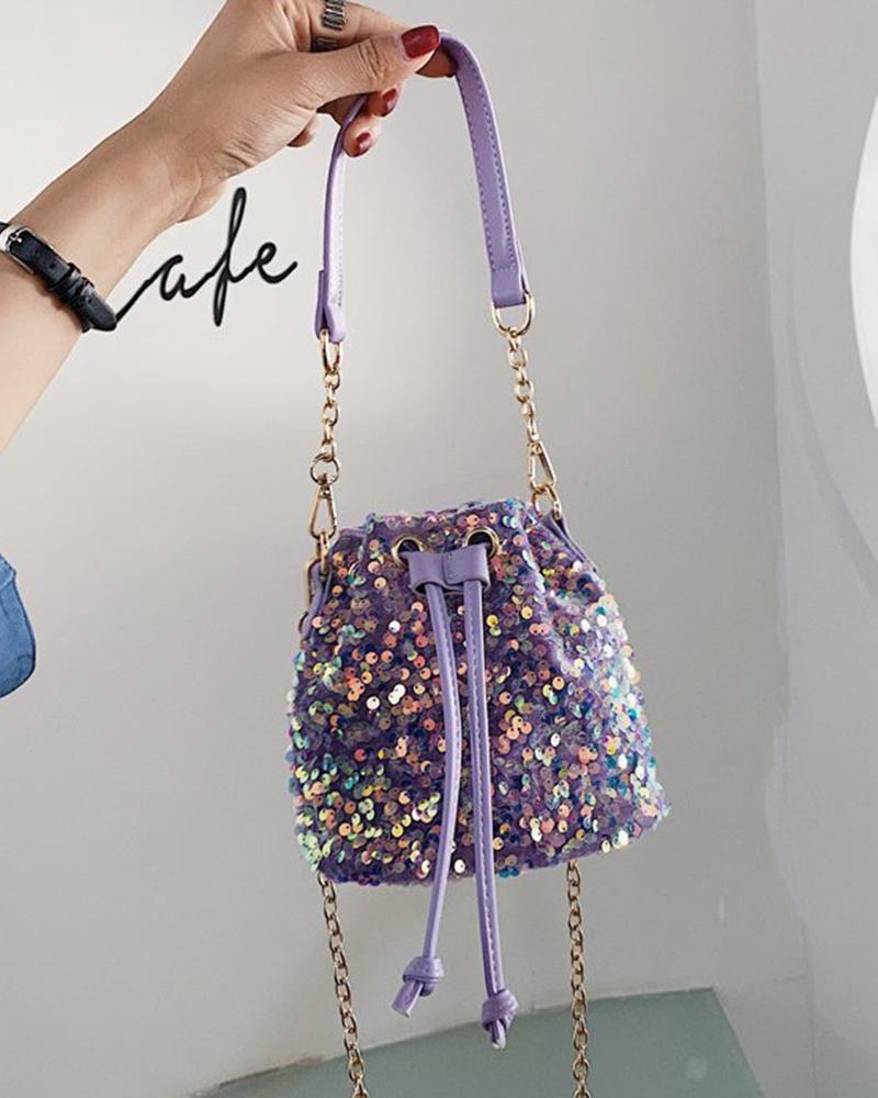 

Allover Sequin Drawstring Bucket Bag, Purple