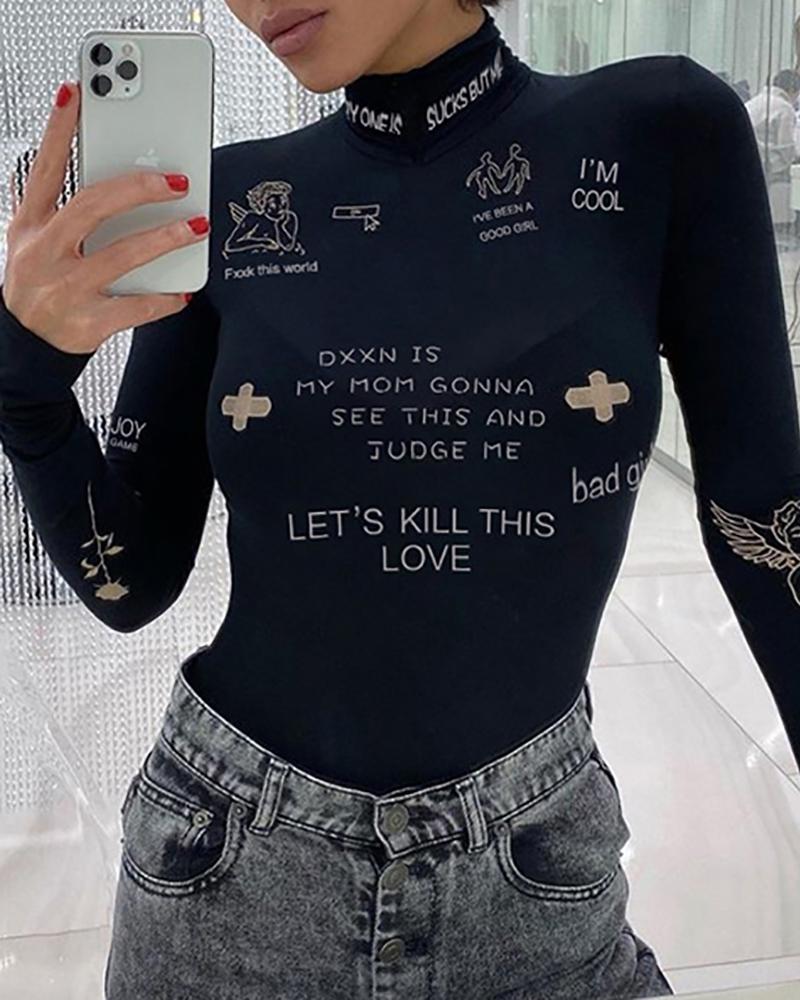 

Mock Neck Graphic Slogan Print Long Sleeve Bodysuit, Black