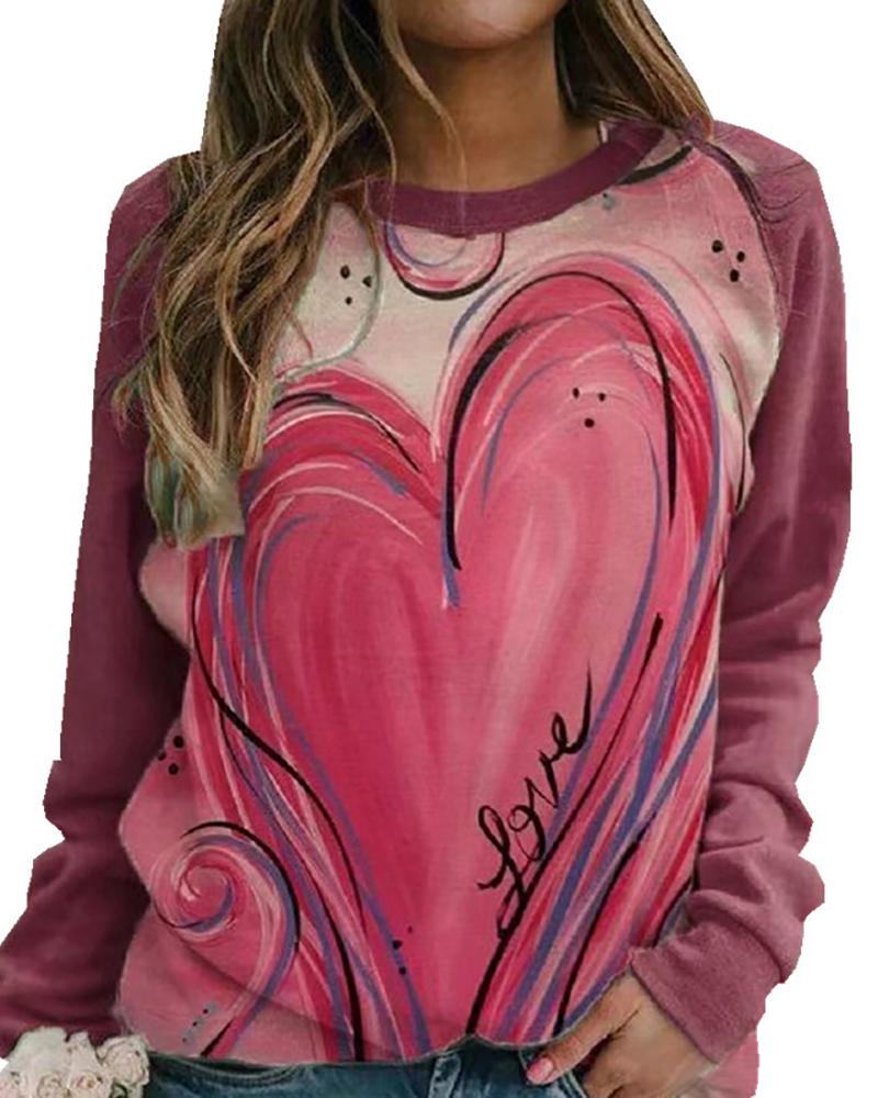 

Heart / Tie Dye Print Long Sleeve Casual Top, Pink