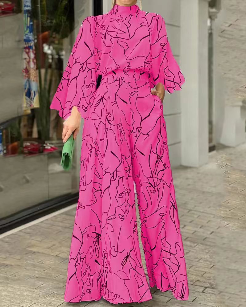 

Abstract Figure Print Long Sleeve Wide Leg Jumpsuit, Rose red