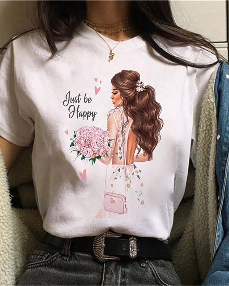 

Figure Graphic Letter Print Short Sleeve Casual T-shirt, Style6