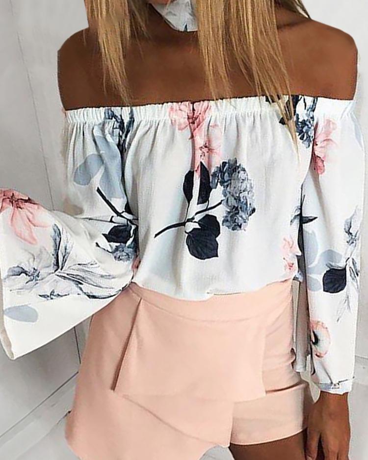 

Shirring Off Shoulder Printed Blouse, White