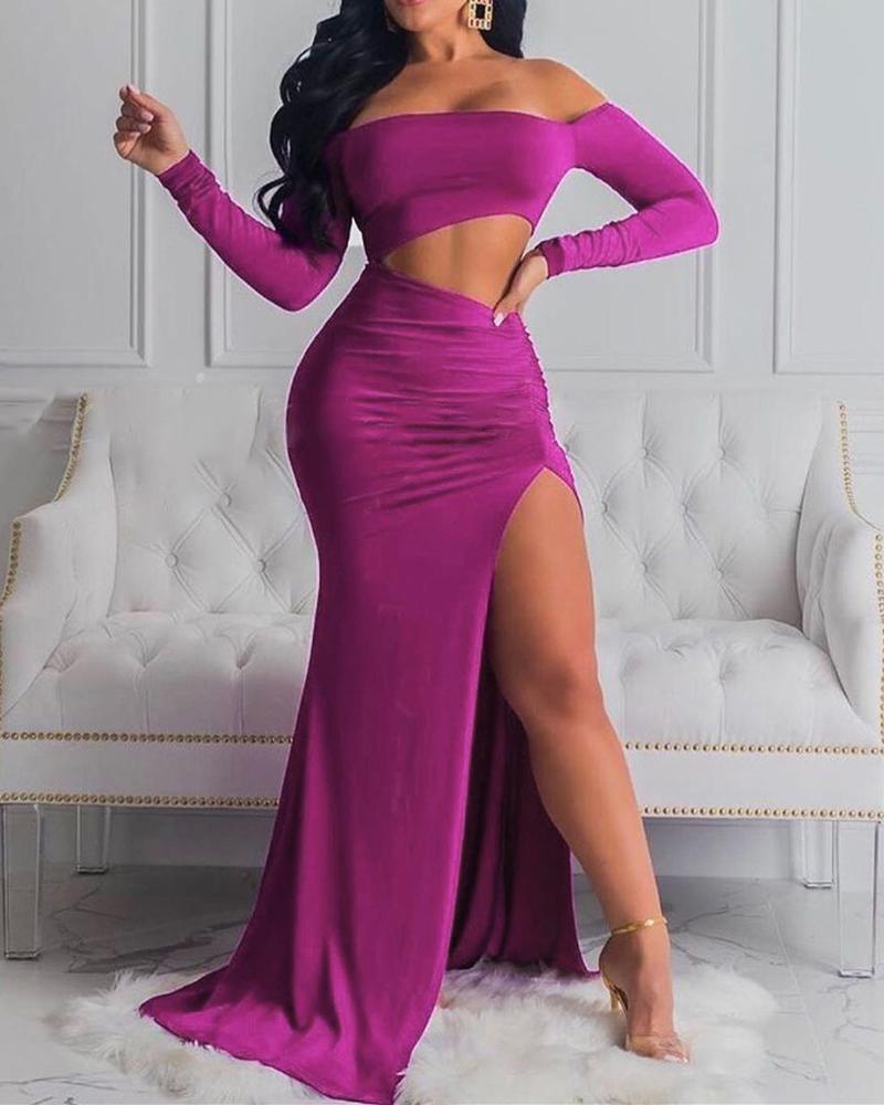 

Off Shoulder Cutout High Slit Evening Dress, Purple