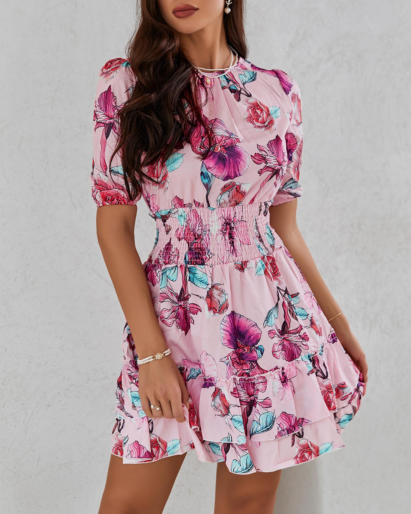 

Floral Print Shirring Detail Layered Ruffles Dress, Pink