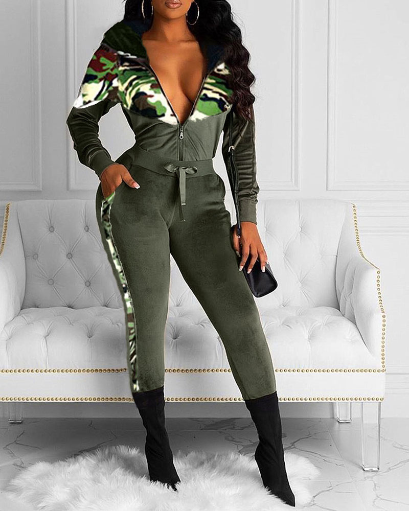 

Camo Patchwork Velvet Zip Up Hooded Top & Pants Set, Green