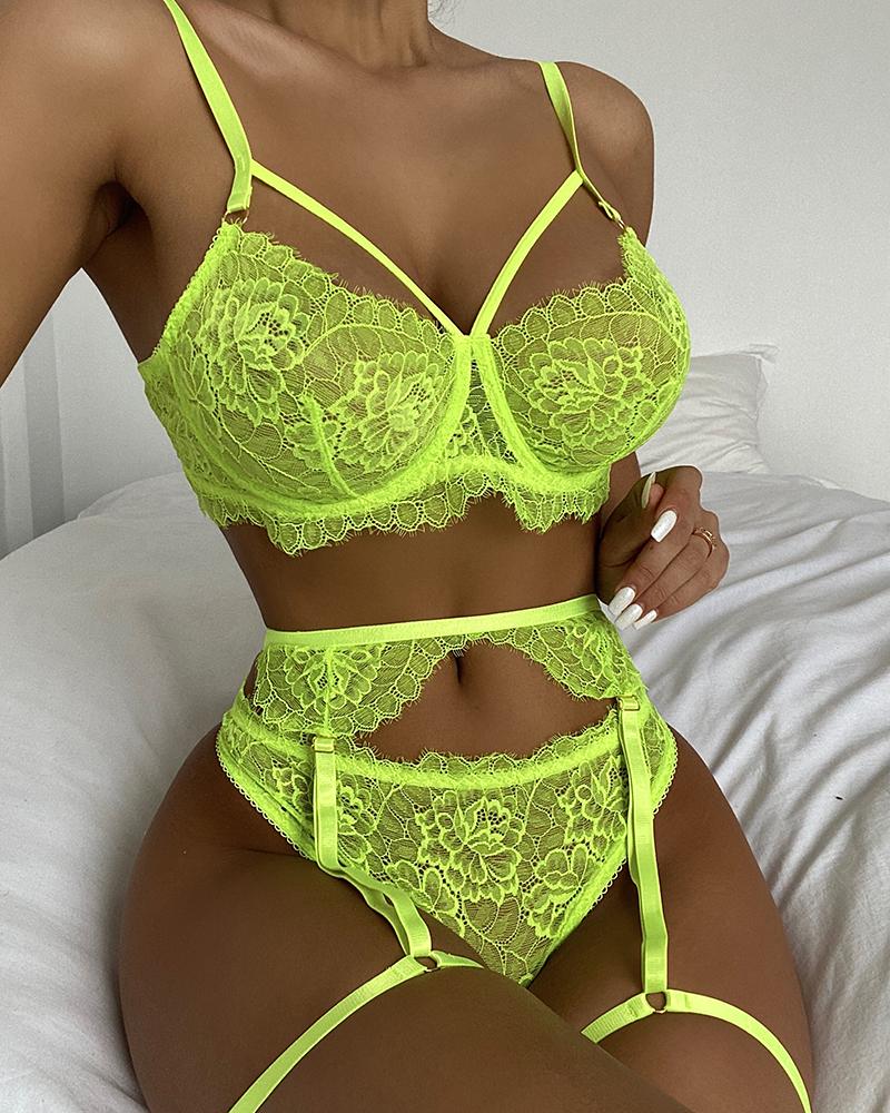 

Eyelash Crochet Lace Cutout Garter Lingerie Set, Yellow