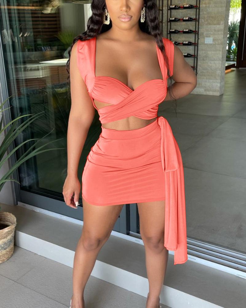 

Solid Sleeveless Bra With Slim Mini Skirts Suit Sets, Pink