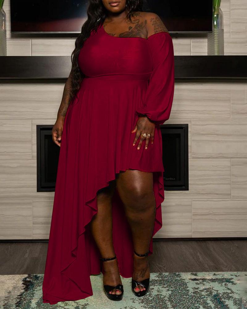 

Plus Size Cold Shoulder Lantern Sleeve Asymmetrical Dress, Wine red