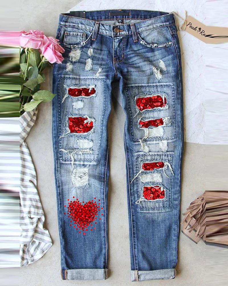 

Heart Print Patchwork High Waist Jeans, Blue