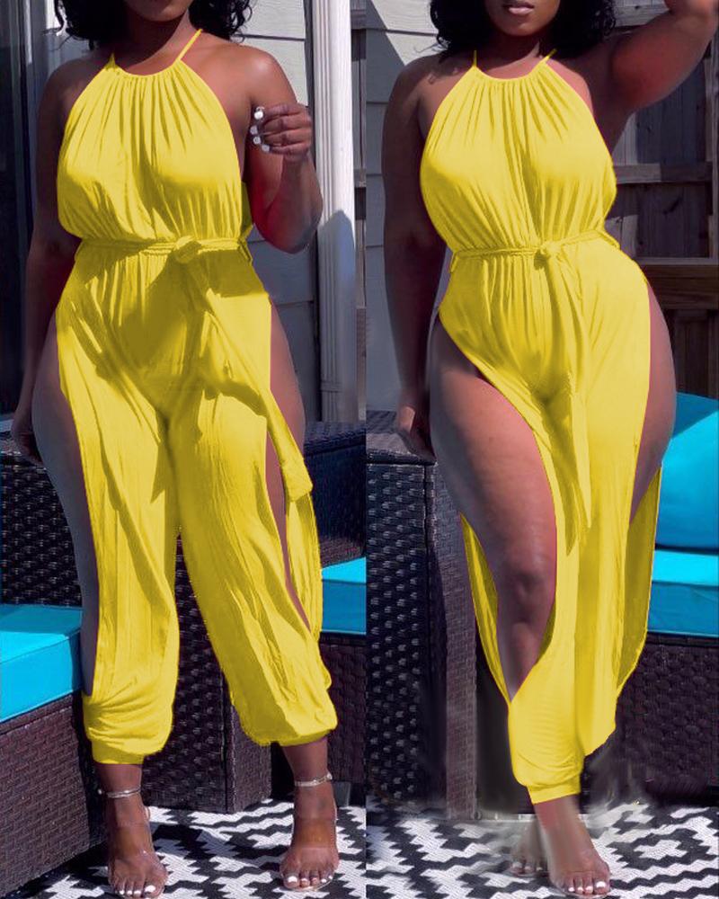 

Halter Sleeveless High Slit Belted Jumpsuit, Yellow