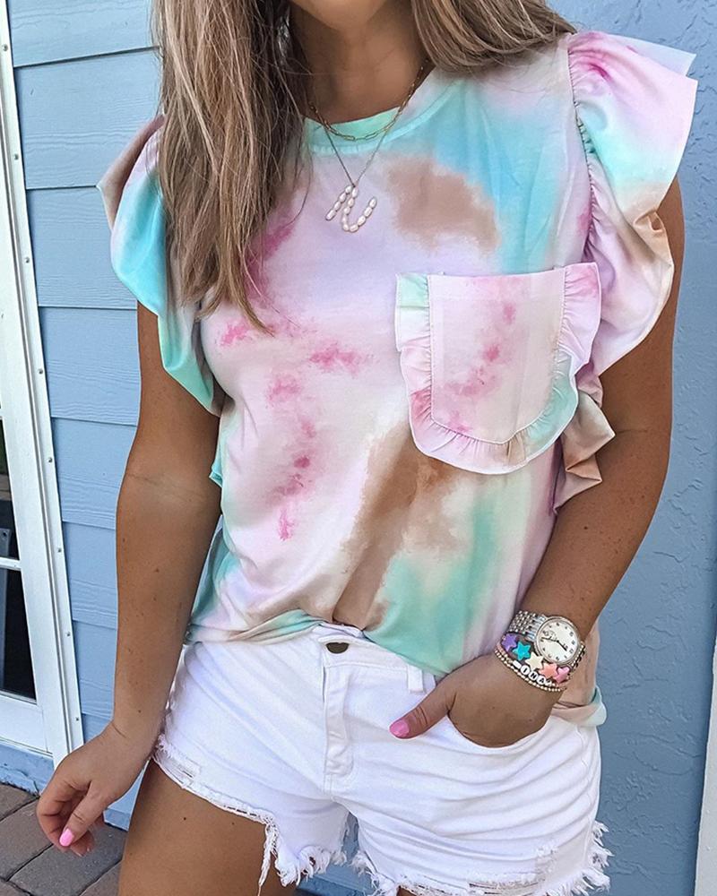 

Tie Dye Print Ruffles Pocket Design Top, Pink