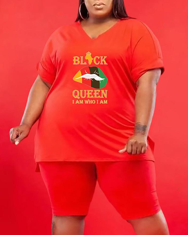 

Plus Size Letter Print V Neck Top & Shorts Set, Red