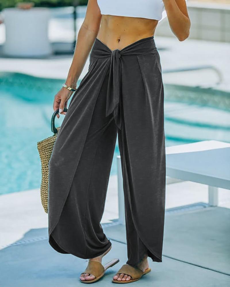 

Tied Detail Slit Casual Wide Leg Pants, Gray