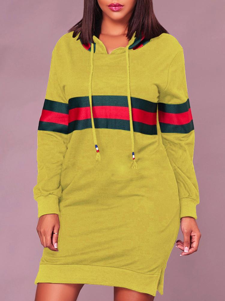 

Contrast Wide Stripes Slit Hooded Sweatshirt Dress, White;black