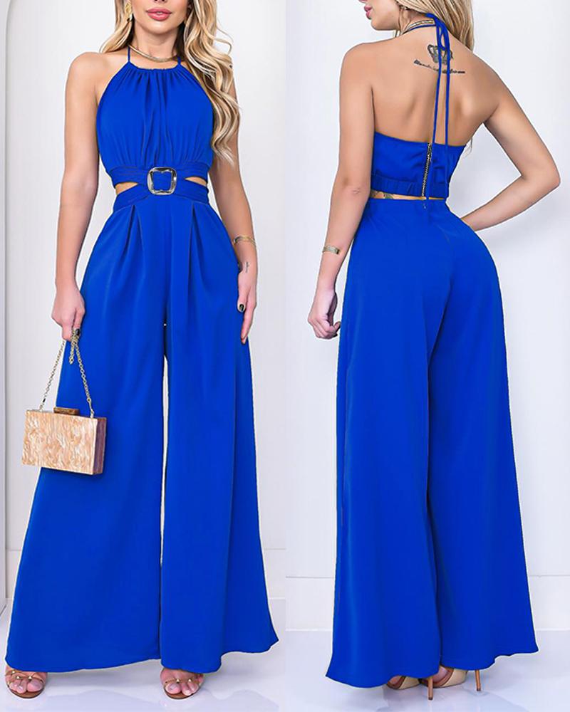 

Backless Tied Detail Ruched Wide Leg Jumpsuit, Blue