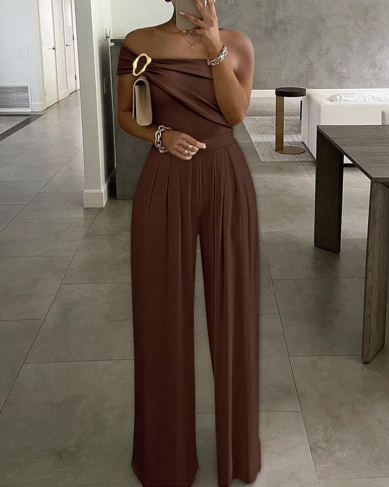 

Cold Shoulder Ruched Buckle Wide Leg Jumpsuit, Brown