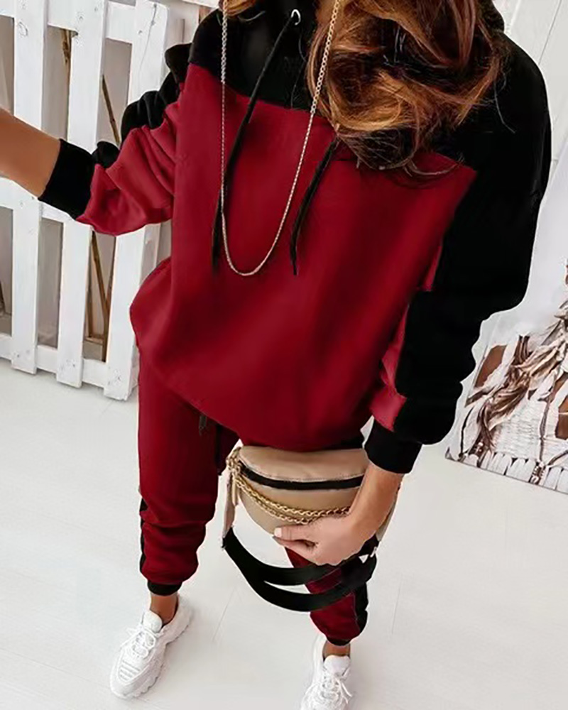 

Colorblock Hooded Top & Drawstring Pants Set, Wine red
