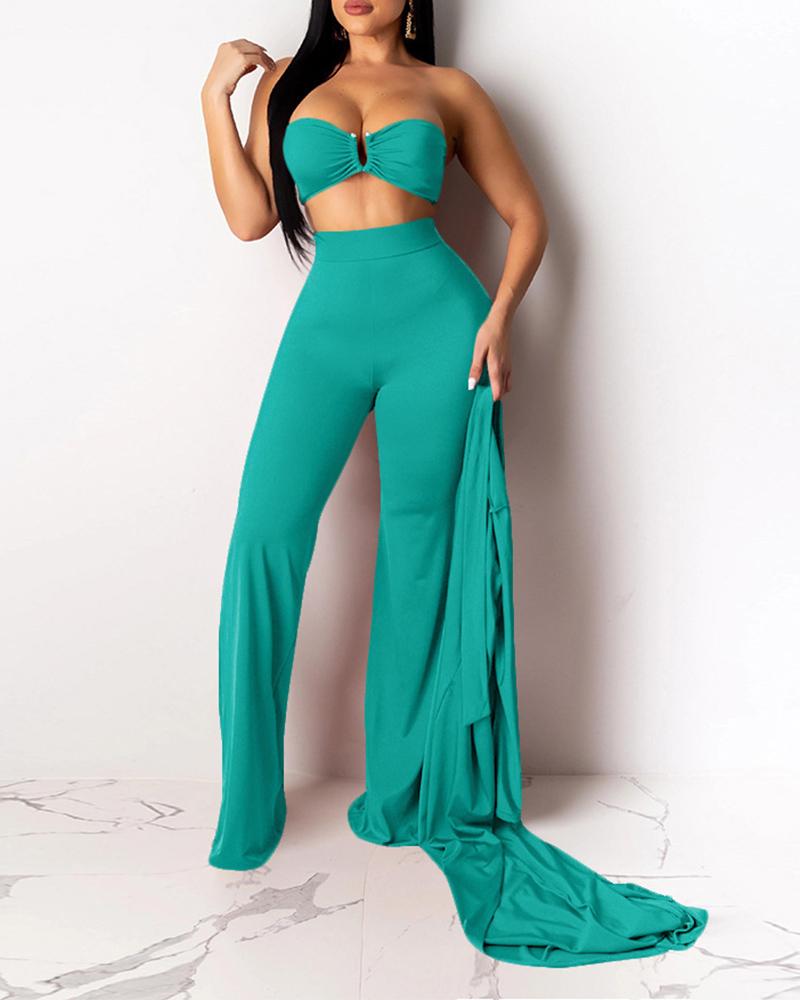 

Long Sleeve Tied Detail Coat & Wide Leg Pants Set With Bralette, Green