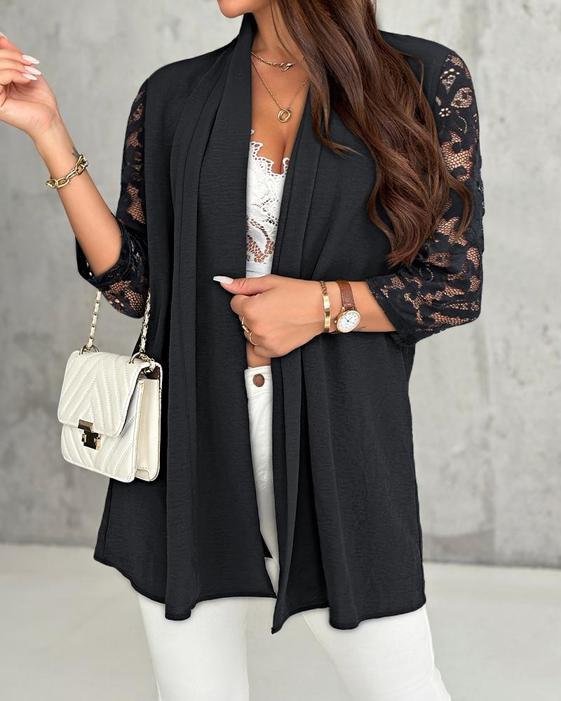 

Cardigan décontracté en dentelle patchwork à huit manches et ouvert sur le devant, Black