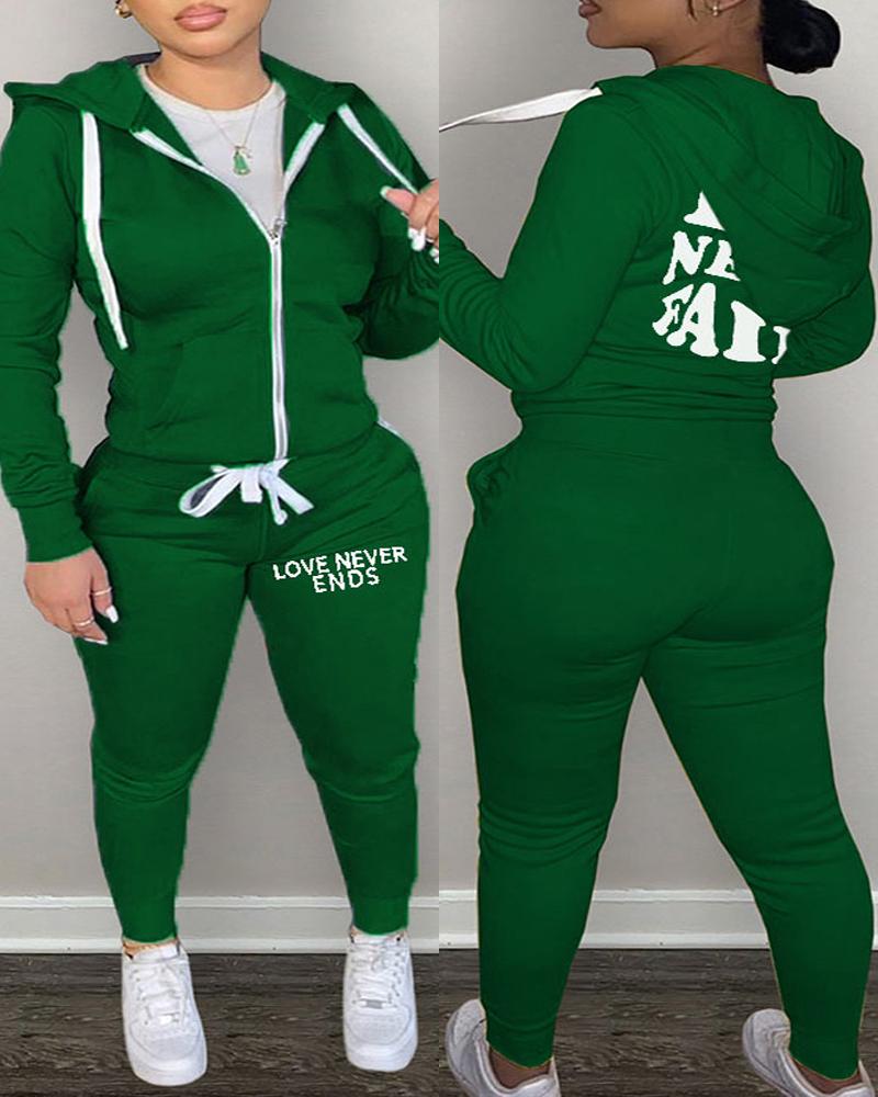 

Plus Size Letter Print Hooded Zip Up Top & Pants Set, Green