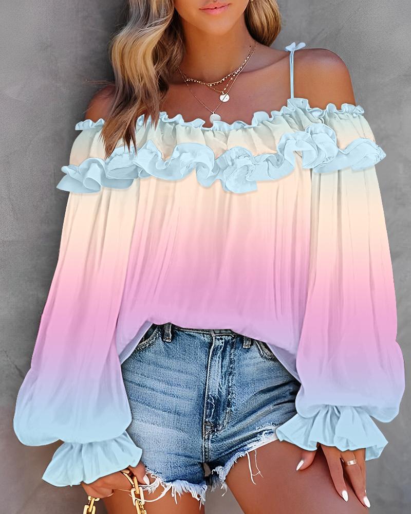 

Ombre Cold Shoulder Lantern Sleeve Frill Ruffle Hem Blouse Top, Multicolor