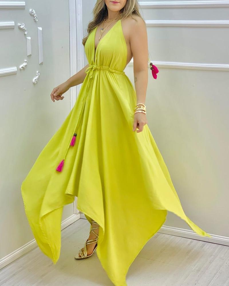 

Plain V Neck Sleeveless Asymmetrical Tie Up Dress, Yellow