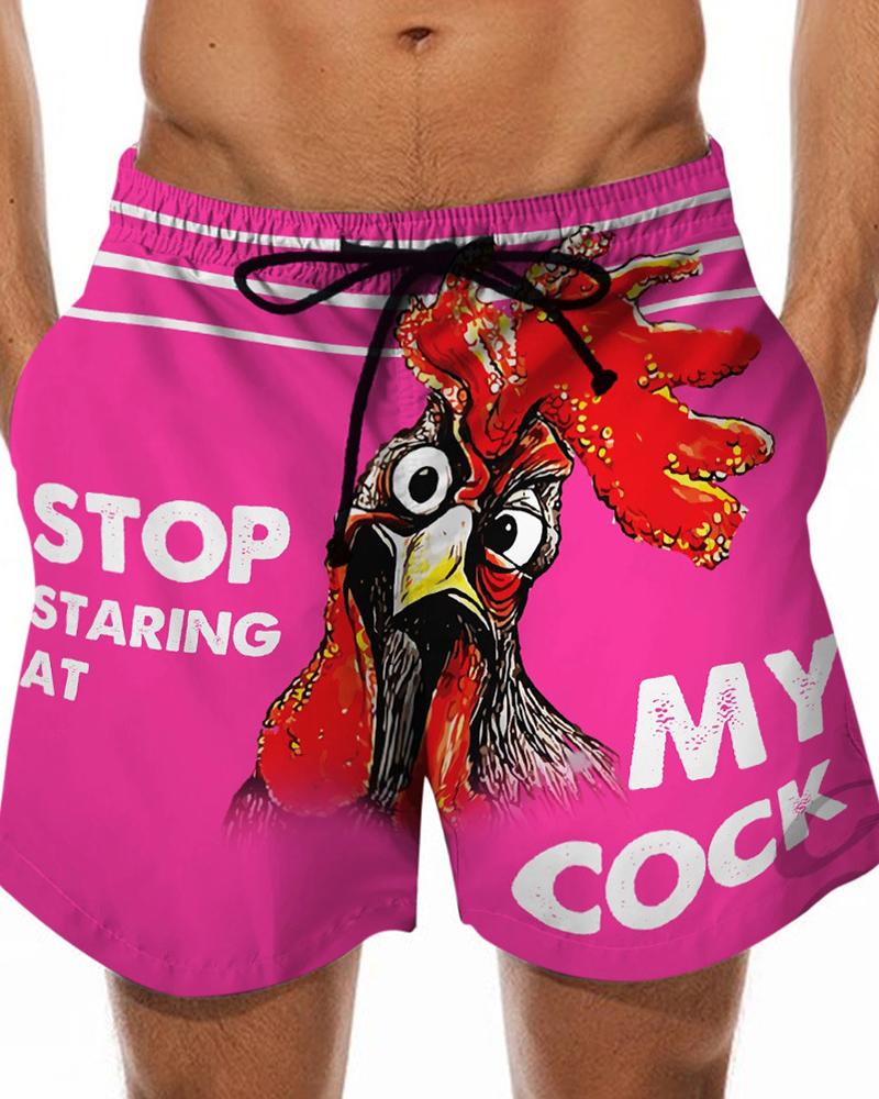 

Creative Cartoon Chicken & Letter Print Drawstring Swim Short Pants, Multicolor