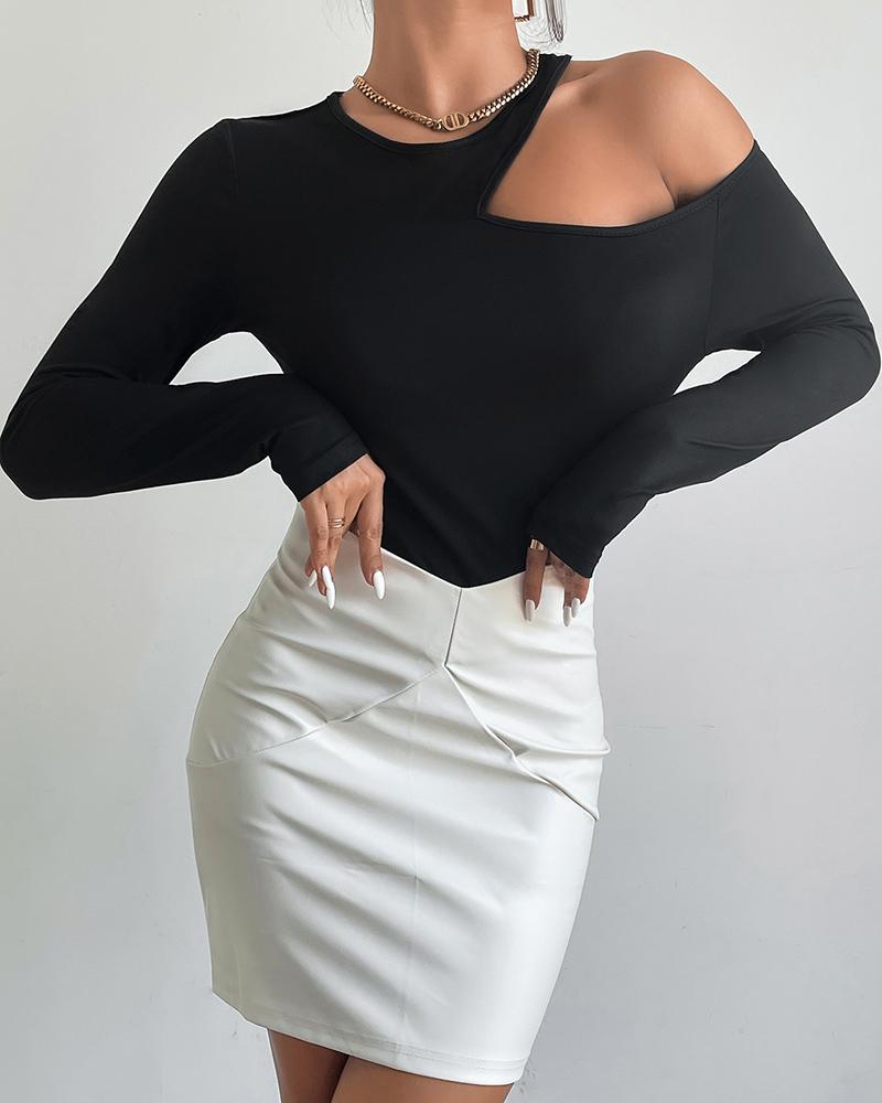 

One Shoulder Long Sleeve Skinny Top, Black