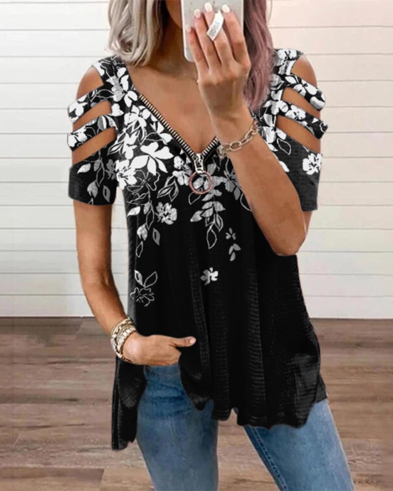 

Floral Print Zip Front Cold Shoulder Top, Style1