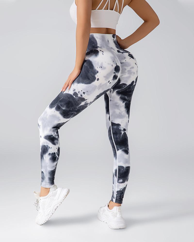 

Tie Dye Print Butt Lifting Yoga sem costura Calças Leggings de controle de barriga, Dark grey